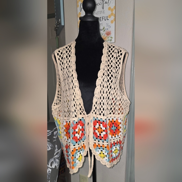 Cato Sweaters - (J) CATO Crochet Open-Front Sweater Vest - Multicolor